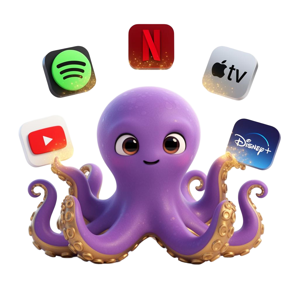 Octopus tentacles touching Spotify, Netflix, YouTube, Apple TV and Disney+ icons